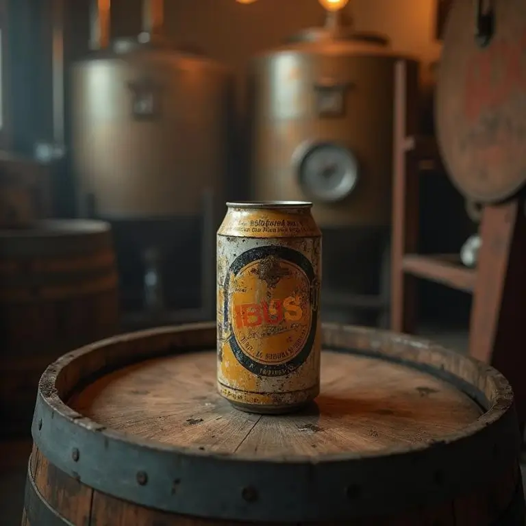 Lata de cerveza antigua y desgastada sobre un barril en una fábrica cervecera.