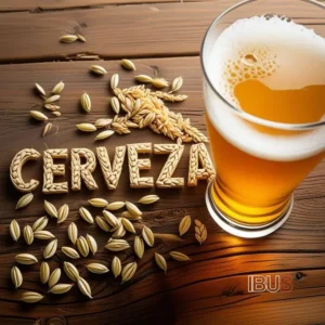 Nombre de la cerveza escrita con granos de cebada junto a un vaso de cerveza ámbar sobre una mesa de madera