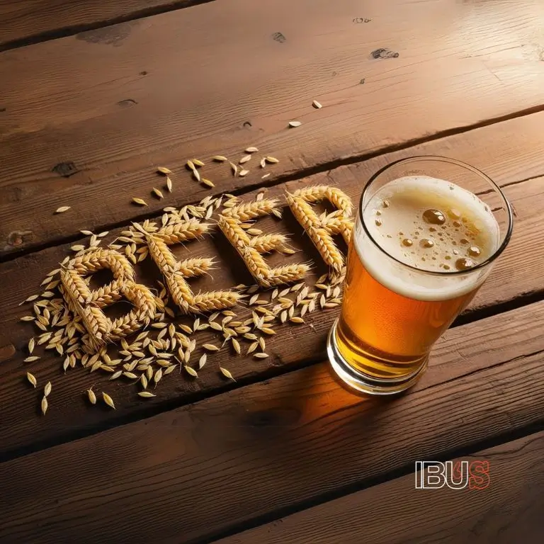 Palabra beer escrita con granos de cebada junto a un vaso sobre una mesa de madera mostrando el nombre de la cerveza en inglés