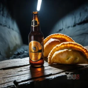 Vaso de cerveza y un par de pastes sobre una mesa de madera que muestra la cerveza artesanal de Hidalgo