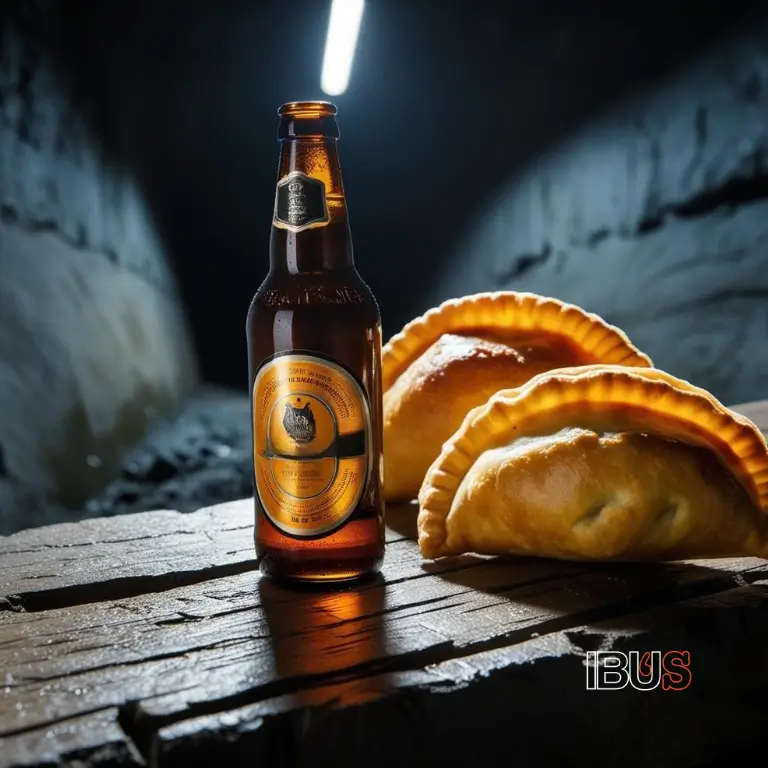 Vaso de cerveza y un par de pastes sobre una mesa de madera que muestra la cerveza artesanal de Hidalgo