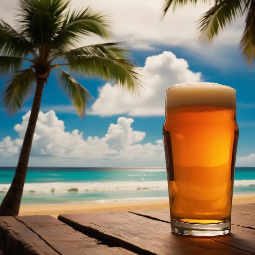 Vaso de Cerveza artesanal Guerrero frente a la playa, con el mar azul, el cielo despejado y palmeras al fondo.