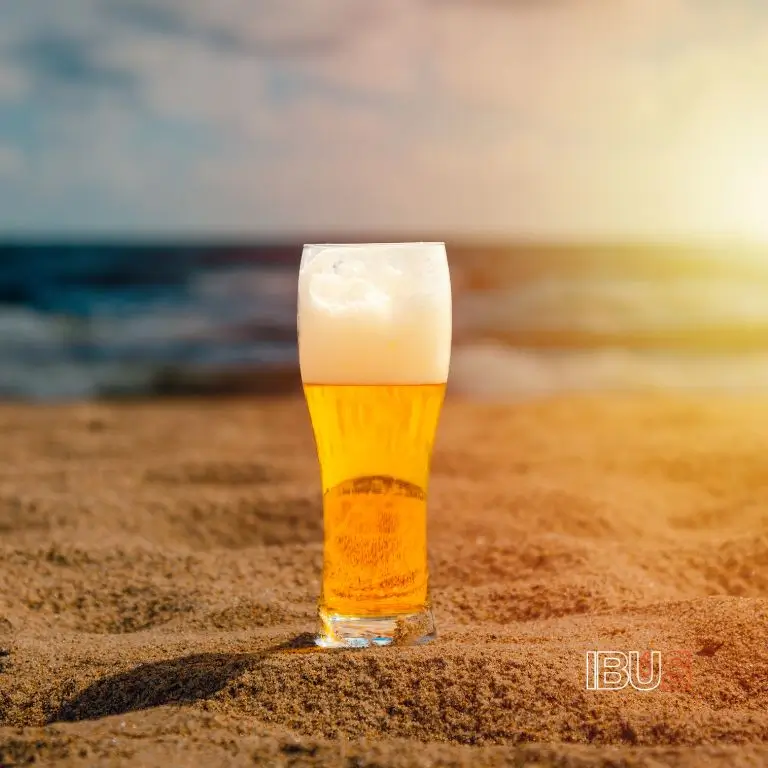 Vaso de cerveza artesanal sobre la arena con un fondo de playa en Baja California, iluminado por un atardecer.