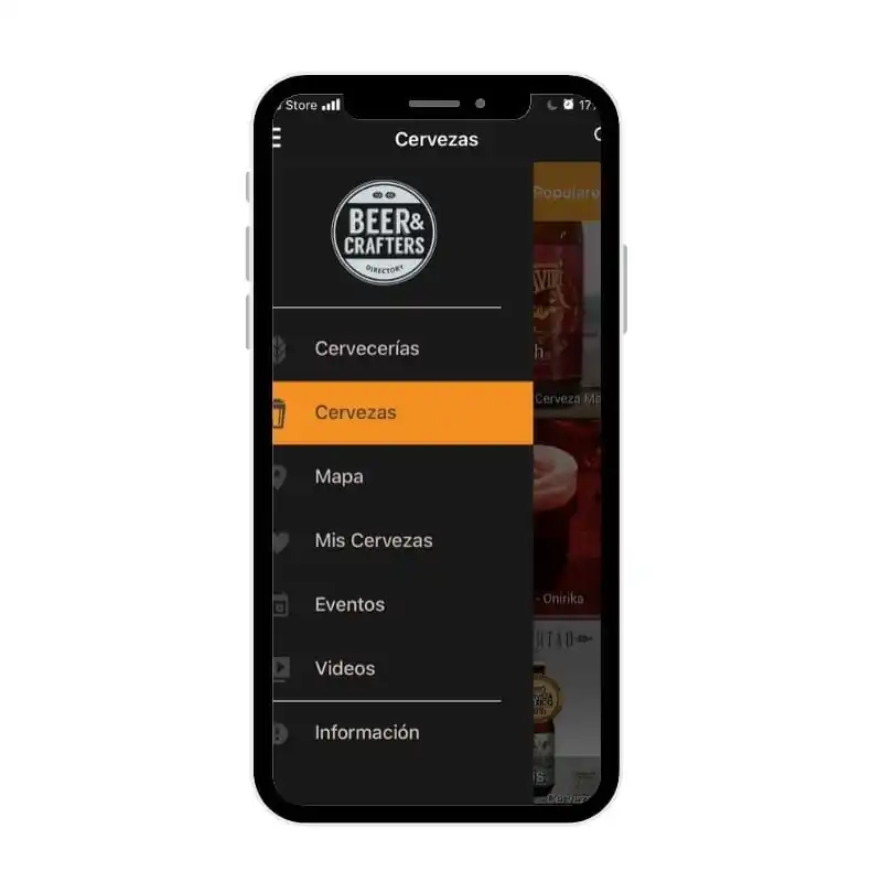 Menú de Beer and Crafters con opciones para cervecerías, eventos y compra de cerveza
