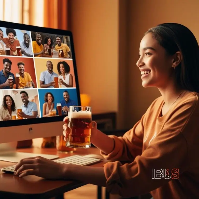Mujer participando en los encuentros virtuales BrewDog con amigos mientras disfruta una cerveza, con una computadora mostrando una videollamada grupal.