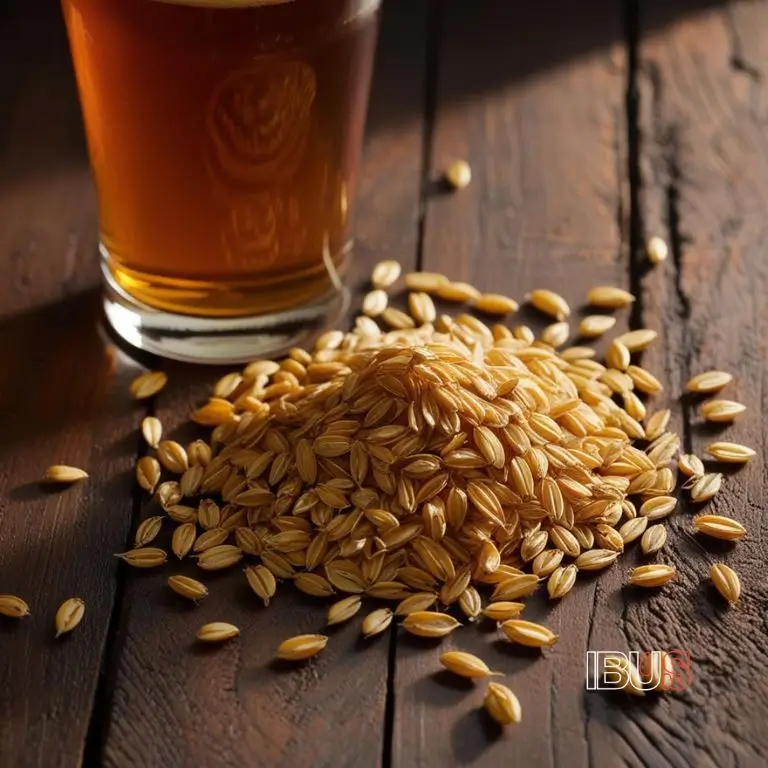 Granos de malta cervecera junto a una cerveza ámbar sobre una mesa de madera.