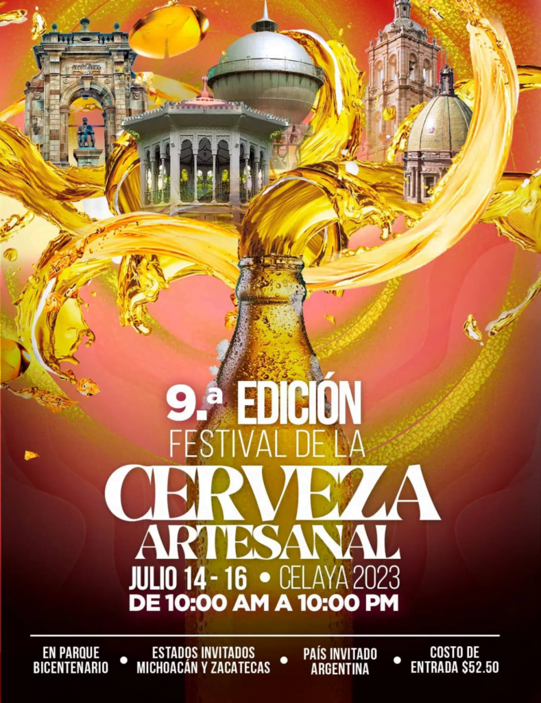 Cartel publicitario del noveno Festival de la Cerveza Artesanal en Celaya, Guanajuato, muestra algunos monumentos históricos de Celaya