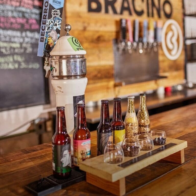 Variedad de cervezas artesanales de la Cervecería Bracino en Monterrey, mostrando grifos y botellas.