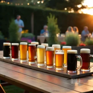 Mesa al aire libre con diferentes estilos de cerveza en jarras y vasos, iluminada por la luz del atardecer.
