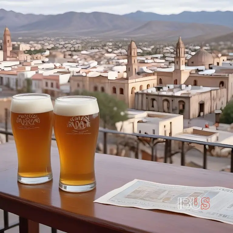Dos vasos de cerveza artesanal de Aguascalientes sobre una mesa, con vista panorámica al centro histórico y montañas al fondo.