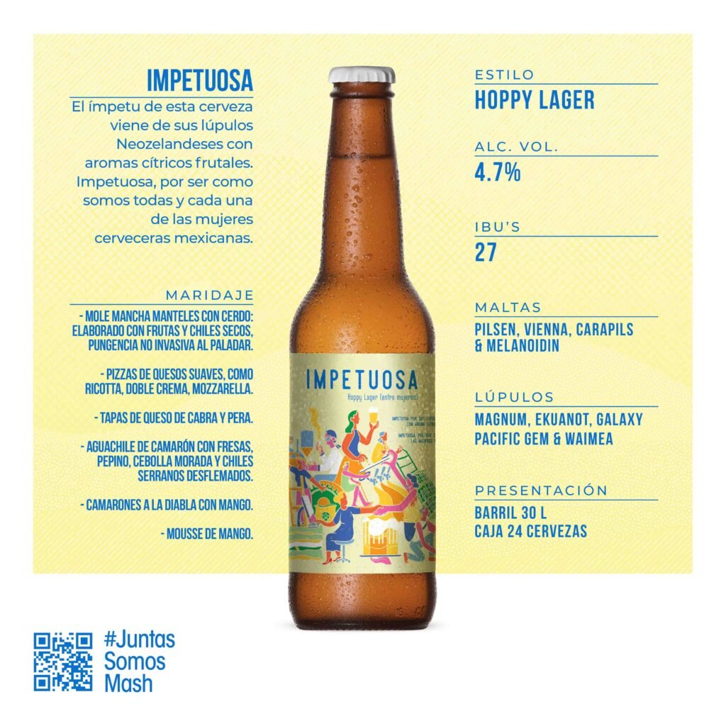 Ficha técnica de Impetuosa: Hoppy Lager de 4.7% de alcohol con lúpulos neozelandeses y maridajes sugeridos presentada en el Encuentro Mujer Cervecera