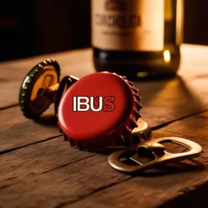 Corcholata roja con logo de IBU'S junto a un destapador sobre una mesa